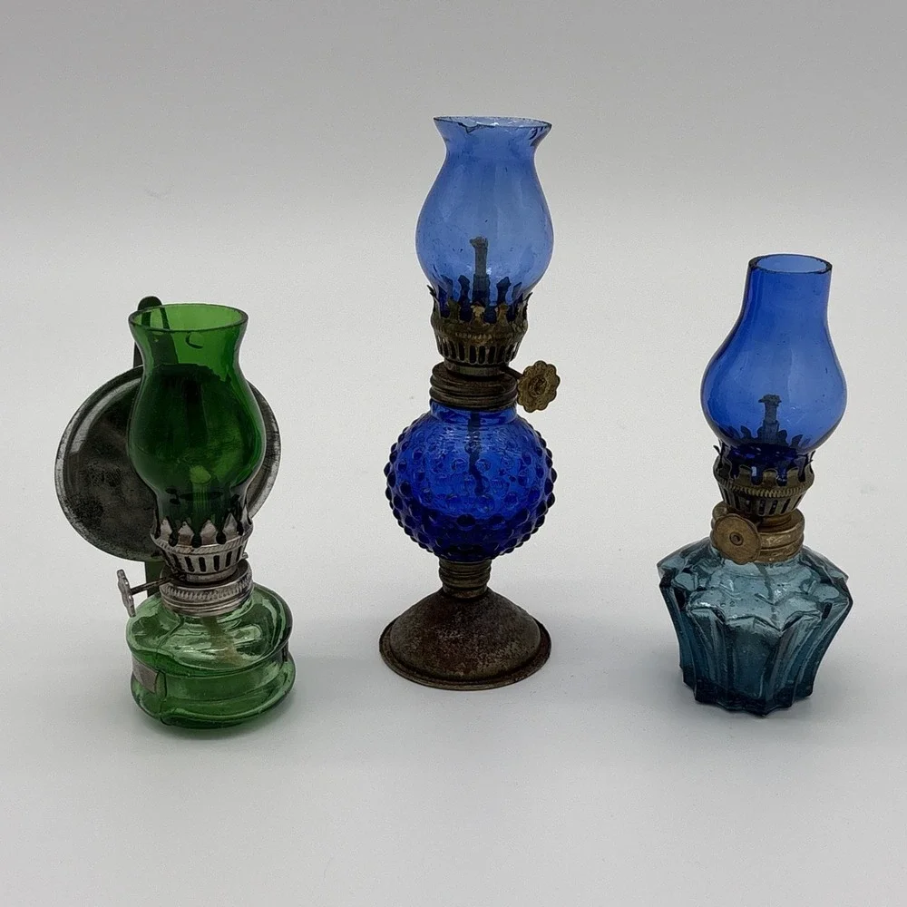 Vintage Miniature Colored Glass Oil Lamps Set Cobalt Hobnail Green Blue Lot of 3